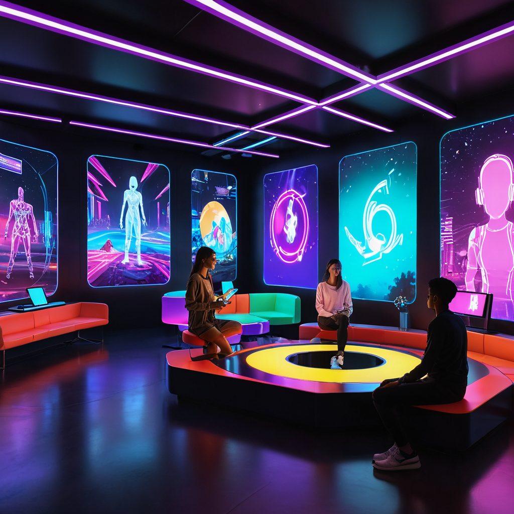 A vibrant virtual playground filled with diverse avatars engaging in lively discussions in colorful chatrooms. Futuristic elements like holographic displays and neon lights create an immersive atmosphere. Include iconic adult community symbols subtly integrated into the design. The scene should convey a sense of freedom, exploration, and connection among users. digital art. vibrant colors. 3D.